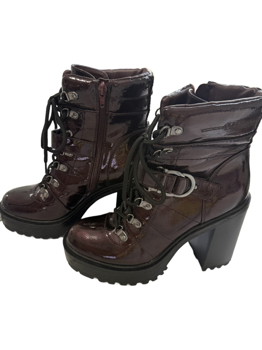 GBG Los Angelos Patent Platform Combat Boots - Deep Burgundy. 7.5M